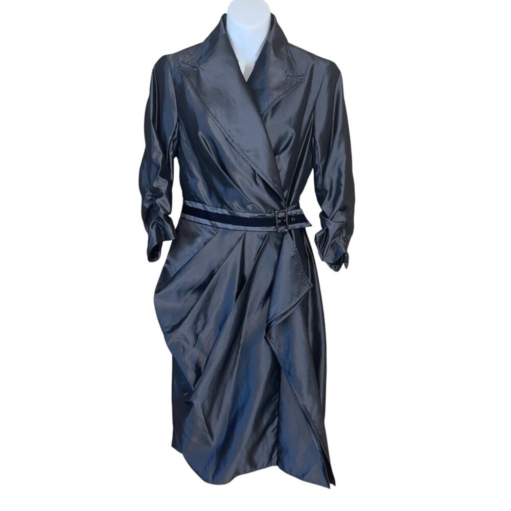 CC Couture Metallic Grey Wrap Trench Dress with Draped Skirt – Size Small